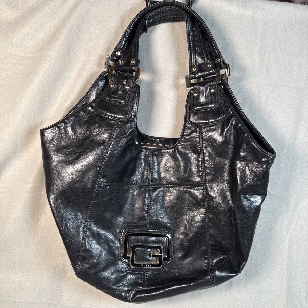 Vintage GUESS Black Large Hobo Tote Handbag Gold Logo Slouchy Shoulder Bag Y2K